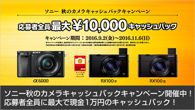 ソニー秋のカメラキャッシュバックキャンペーン開催中！ 応募者全員に最大で現金1万円のキャッシュバック！